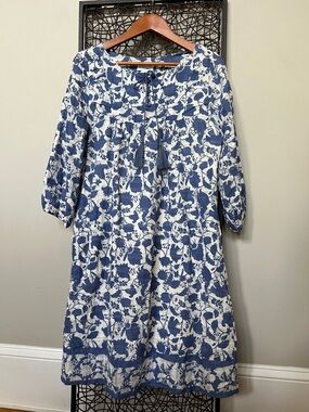 Studio ParkxAmy Stran 100% cotton dress blue white floral 3/4 Slv MISSING BELT M
